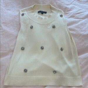 Central Park West Cream Sleeveless Sweater with Embellishments